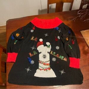 HOLIDAY TIME BLk. Ugly Christmas Sweater LA LA Lama Pom Poms Women’s Size XL